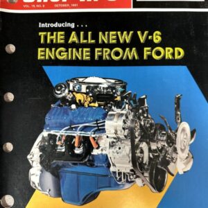 Magazine cover: Shop Tips featuring Ford's all-new V-6 engine with a blue-and-yellow engine illustration