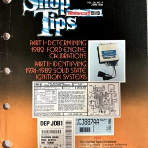 Shop Tips magazine cover (June 1982) featuring Ford Motorcraft calibration articles on 1982 engines and 1974–1982 ignition systems, with diagrams and a small auto components photo.