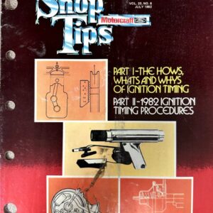 July 1982 Shop Tips magazine cover with the large 'Shop Tips' logo, Motorcraft badge, article titles on ignition timing, and a collage of automotive diagrams and tools.
