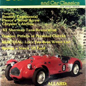 Magazine cover for Car Collector and Car Classics (January 1984) showing a red vintage Allard race car with the number 8 in front of a stone wall, surrounded by yellow feature headlines about Bentley Continental, Pierce-Arrow Silver Arrow, Chrysler Airflow, and more.