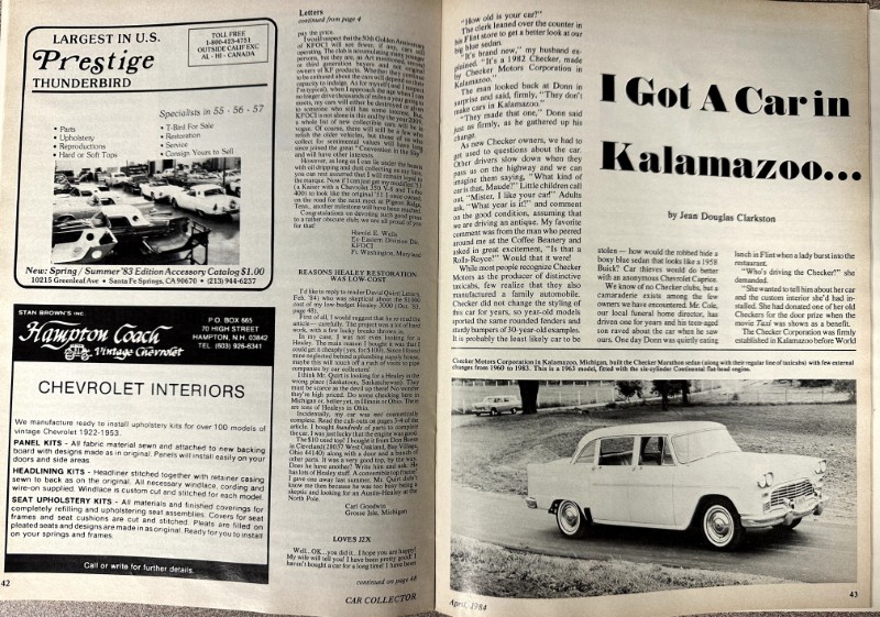 IMG_7141 | Merrick Auto Museum Two-page magazine spread with car ads on the left and a feature article on the right titled 'I Got A Car in Kalamazoo...'; a vintage car photo appears at the bottom right of the spread.