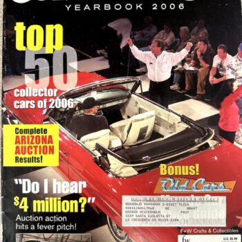 Cover of the 2006 Collector Car Yearbook featuring a red convertible on display, with headlines 'top 50 collector cars of 2006' and auction-related captions.