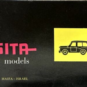 Package cover for 1963 Sussita models by Autocars Co. Ltd., Haifa, Israel, with pink Sussita logo and colored blocks showing toy car silhouettes.