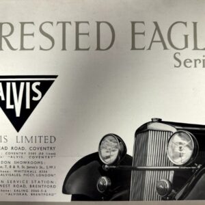 Vintage Alvis Crest Eagle Series car advertisement with ALVIS triangular logo on the left and a classic car grille on the right.