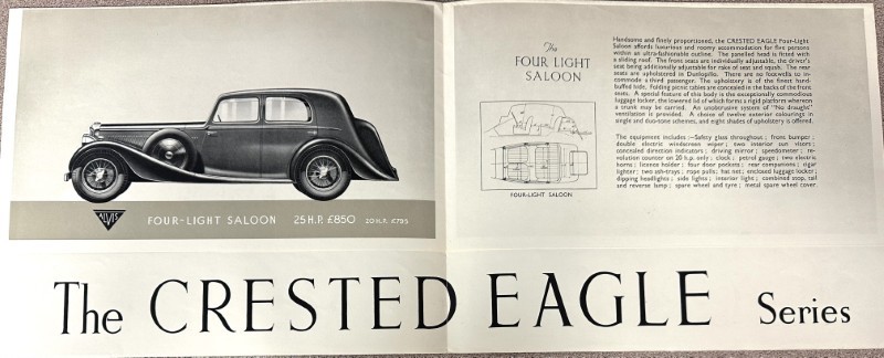 IMG_7182 | Merrick Auto Museum Advertisement for The Crested Eagle Series car; left page shows a vintage black Four-Light Saloon sedan, right page with specs and diagram; large 'The CRESTED EAGLE Series' typography.