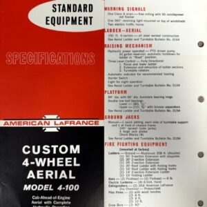 Red and black brochure cover for American LaFrance Standard Equipment, Custom 4-Wheel Aerial, Model 4-100 with specifications section visible on right side.