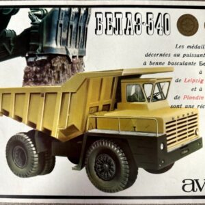 Vintage ad showing a yellow BelAZ-540 dump truck with a large bed, an excavator arm in the background, and French text about medals.