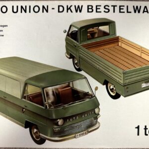 Advertisement showing two vintage green Auto Union DKW delivery vans; one with a wooden cargo bed, 1 ton capacity.