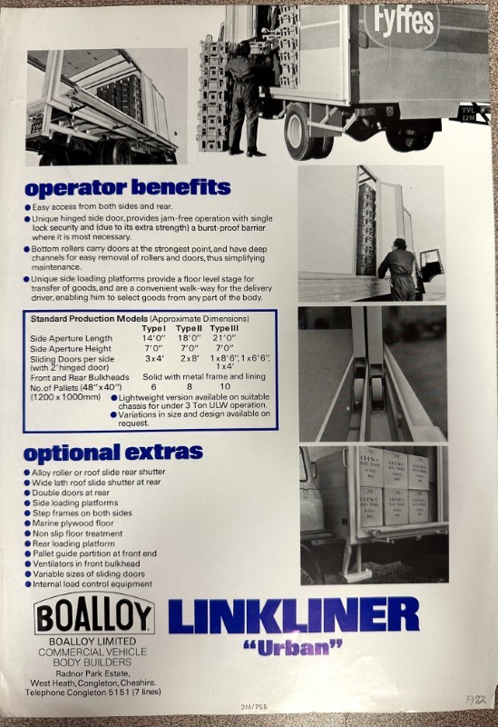 IMG_7227 | Merrick Auto Museum Boalloy Linkliner Urban brochure page outlining operator benefits, optional extras, with photos of loading ramps and pallet shipments.