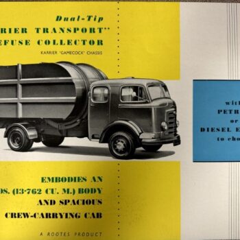 Vintage ad: a large refuse-collection truck with a yellow background and blue text blocks promoting petrol or diesel engine options.