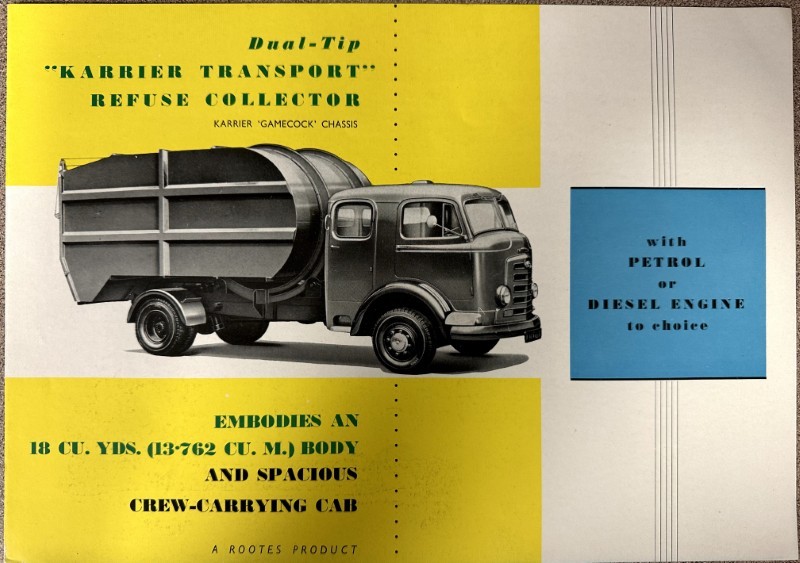 IMG_7243 | Merrick Auto Museum Vintage ad: a large refuse-collection truck with a yellow background and blue text blocks promoting petrol or diesel engine options.
