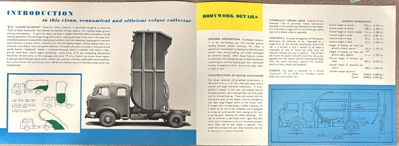IMG_7244 | Merrick Auto Museum Vintage brochure spread about a refuse collection truck, showing a rear-compactor truck on the left and a blue blueprint diagram on the right, with sections labeled 'Introduction' and 'Bodywork Details'.