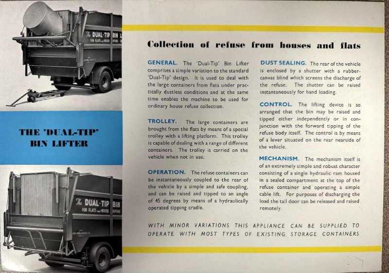 IMG_7245 | Merrick Auto Museum Vintage brochure page for The Dual-Tip Bin Lifter, showing a bin-lifter truck and a blue title panel.