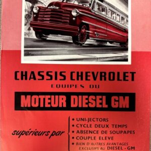 Vintage French Chevrolet poster showing a red bus chassis and bold diesel engine text.