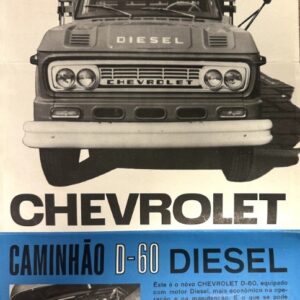 Front view of a vintage Chevrolet diesel truck with 'DIESEL' on the hood and bold CHEVROLET lettering, on an old ad poster.