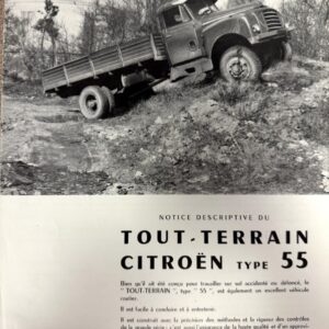 Vintage photograph of a Citroën Tout-Terrain Type 55 truck on a rocky slope, with a large cylindrical storage tank in the background, presented as an old promotional ad.