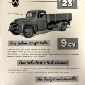 Vintage Citroën Type 23 truck advertisement showing a dark truck with three French slogans: 'Une cabine confortable', 'Une robustesse à toute épreuve', and 'Un budget raisonnable'.