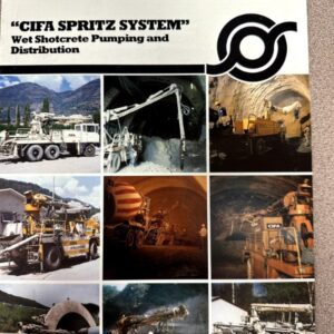 Front page of a CIFA Spritz System brochure featuring a collage of shotcrete pumping machines and tunnel/tunnel-site photos for wet shotcrete distribution builder use.