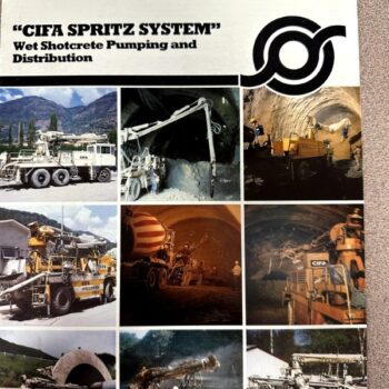 IMG_7273 | Merrick Auto Museum Front page of a CIFA Spritz System brochure featuring a collage of shotcrete pumping machines and tunnel/tunnel-site photos for wet shotcrete distribution builder use.