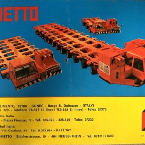 Box front showing red Cometto toy trucks with modular car-carrying trailers on a blue background; brand 'COMETTO' displayed at top left; yellow caption area with Italian text at bottom.