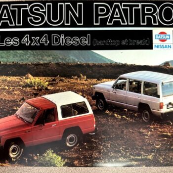 IMG_7279 | Merrick Auto Museum Advertisement image: two Datsun Patrol 4x4 vehicles (red and white) on rugged terrain with bold 'DATSUN PATROL' and 'Les 4x4 Diesel' text at top.