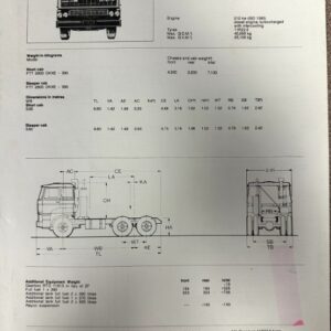 Spec sheet image of a DAF truck chassis with front view diagram and measurements for tractor chassis 6x4 series FTT 2800 DKXE. Includes engine, weights, and dimensions info.