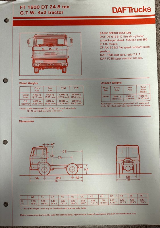IMG_7290 | Merrick Auto Museum Front-facing line drawing of a DAF DT 1600 tractor on the left, with a red specification panel on the right. (Spec sheet page)