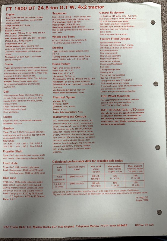IMG_7291 | Merrick Auto Museum Specification sheet for ET 1600 DT 24.8 ton GTW 4x2 tractor listing engine, suspension, wheels, steering, brakes, electrical system, controls, frame, and options, with punched holes along the edge.