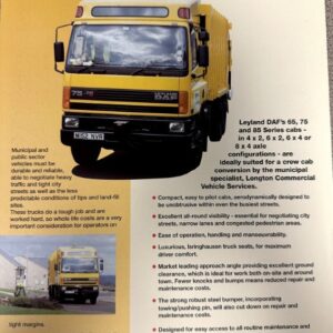 Poster features a yellow Leyland DAF municipal refuse truck with a bold red headline about Leyland DAF & Longton’s municipal work force.