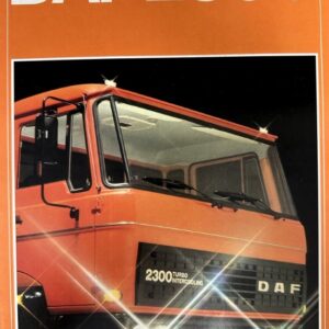 Orange DAF 2300 truck front view on a promotional brochure cover with headlights lit