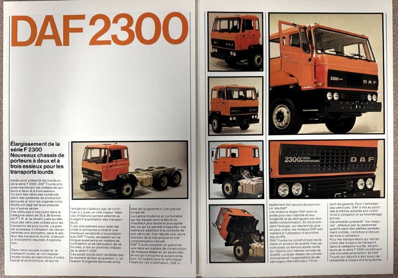 IMG_7298 | Merrick Auto Museum Open brochure spread for DAF 2300 trucks showing multiple orange truck photos and French captions in a catalog layout.