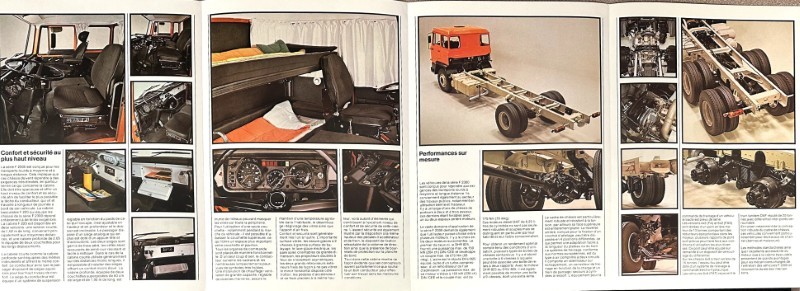 IMG_7299 | Merrick Auto Museum Two-page magazine spread on a truck's design and engineering showing cabin interiors, dashboard, and a chassis with wheels on a lift/surface.