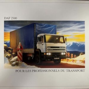 DAF 2500 truck with a blue-covered trailer on a rocky desert road, mountains in the background; caption: 'Pour les professionnels du transport'