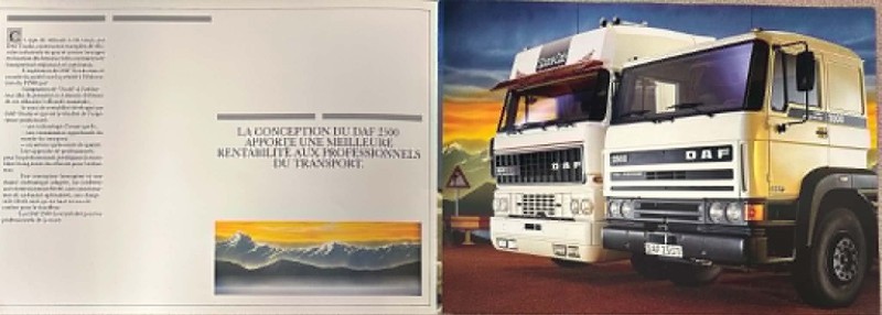IMG_7301 | Merrick Auto Museum Two-page brochure spread: left page with French text and a small landscape image, right page shows two DAF trucks on a road at sunset/ dusk.