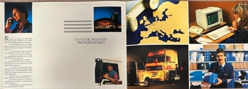 IMG_7302 | Merrick Auto Museum Collage of vintage tech and business imagery: singer, cityscape, map of Europe with phones, old computer, delivery truck, and a man handling boxes in a warehouse.