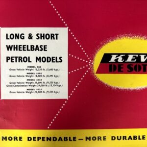 Vintage red advertisement for KEW De Soto with a white box listing long & short wheelbase petrol models and a yellow circular logo; bottom yellow banner reads 'MORE DEPENDABLE – MORE DURABLE'