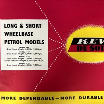 Vintage red advertisement for KEW De Soto with a white box listing long & short wheelbase petrol models and a yellow circular logo; bottom yellow banner reads 'MORE DEPENDABLE – MORE DURABLE'