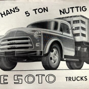 Vintage black-and-white illustration of a 5-ton truck with a cargo bed, angled front view (advertisement wording visible).