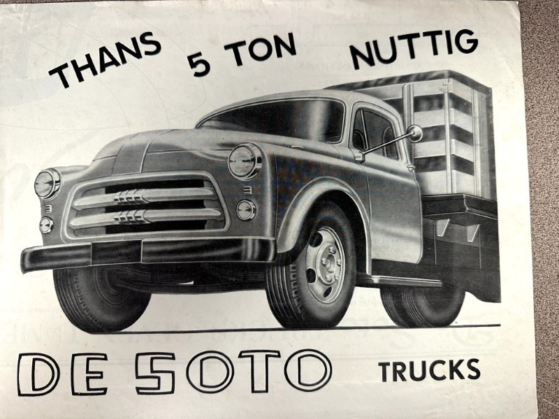 IMG_7327 | Merrick Auto Museum Vintage black-and-white illustration of a 5-ton truck with a cargo bed, angled front view (advertisement wording visible).