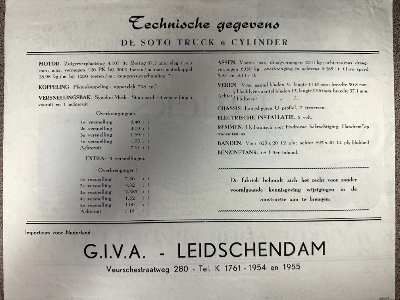 IMG_7329 | Merrick Auto Museum Technical data sheet for a De Soto 6‑cylinder truck, in Dutch, from G.I.V.A. Leidschendam.