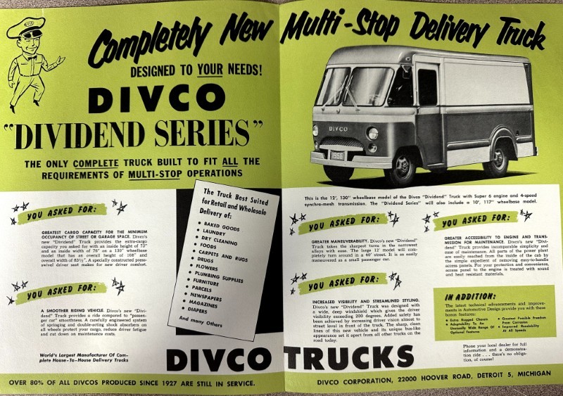 IMG_7331 | Merrick Auto Museum Two-page vintage advertisement for Divco 'Dividend Series' multi-stop delivery trucks on a bright lime background, featuring a silver delivery van image and bold headlines.