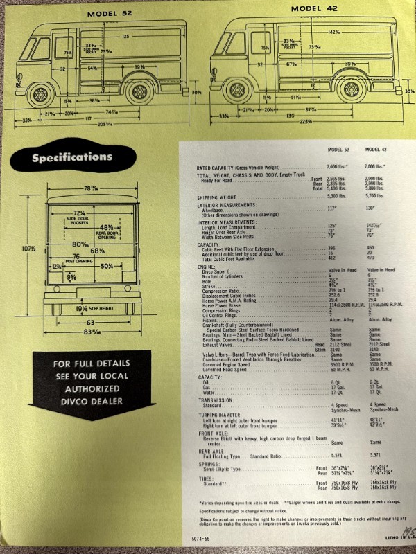 IMG_7332 | Merrick Auto Museum Diagram page showing Model 52 and Model 42 buses with dimensions and a detailed specifications table.