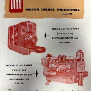 DINA Motor Diesel Industrial brochure with engine diagrams and model numbers 503.063 and 503.053 (open/closed).