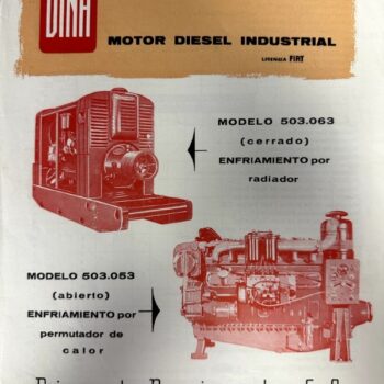 DINA Motor Diesel Industrial brochure with engine diagrams and model numbers 503.063 and 503.053 (open/closed).