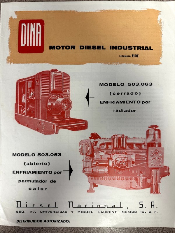 IMG_7333 | Merrick Auto Museum DINA Motor Diesel Industrial brochure with engine diagrams and model numbers 503.063 and 503.053 (open/closed).