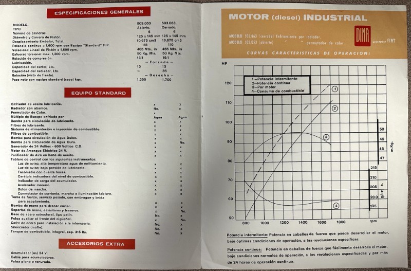IMG_7334 | Merrick Auto Museum Open manual spread showing engine specifications and operating curves for an industrial diesel motor, in Spanish, with red and orange headers.