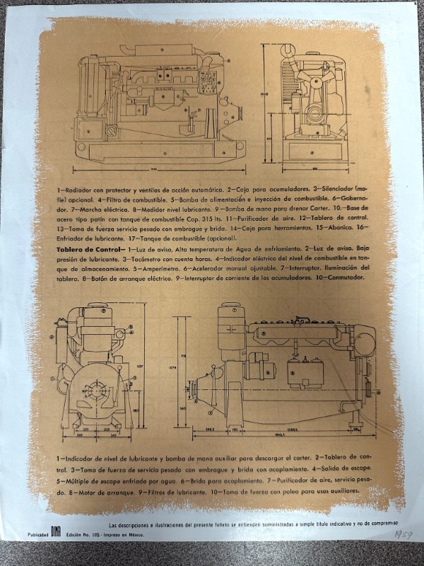 IMG_7335 | Merrick Auto Museum Diagrama técnico de un motor industrial con vistas lateral y frontal, mostrando dimensiones y etiquetas de piezas.