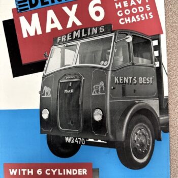 Vintage Dennis Max 6 truck brochure cover showing a classic cab with bold red and blue graphics, text reading “DENNIS MAX 6” and “WITH 6 CYLINDER DIESEL ENGINE.”