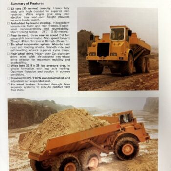 Brochure page for the Articulated Dump Truck D330 showing two yellow dump trucks in quarry settings and desert dirt.