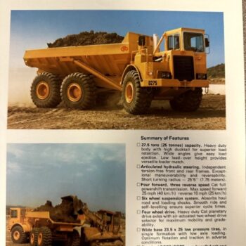 Brochure page for the articulated dump truck D275: a yellow dump truck on a quarry with a second image of a loading operation; right side shows a features bullet list.